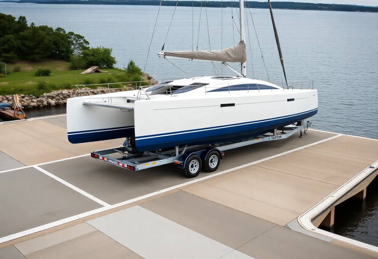 A dual-axle trailer with a catamaran being loaded at a boat ramp