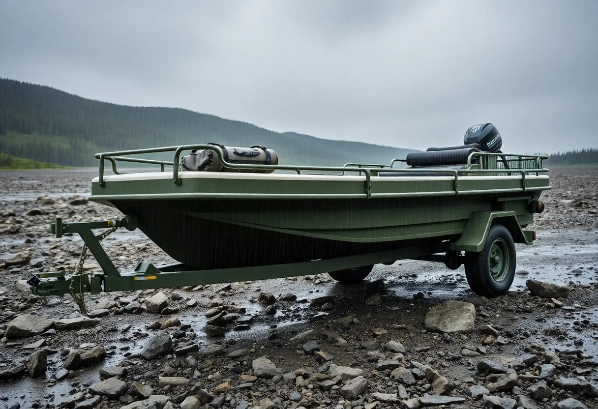 Military boat trailer navigating extreme weather conditions