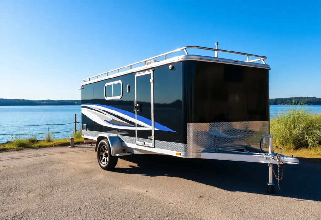 A sport fishing trailer with protective coatings parked by a lake