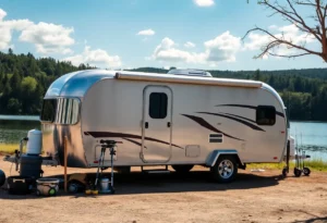 Aluminum sport fishing trailer by the lake with fishing gear