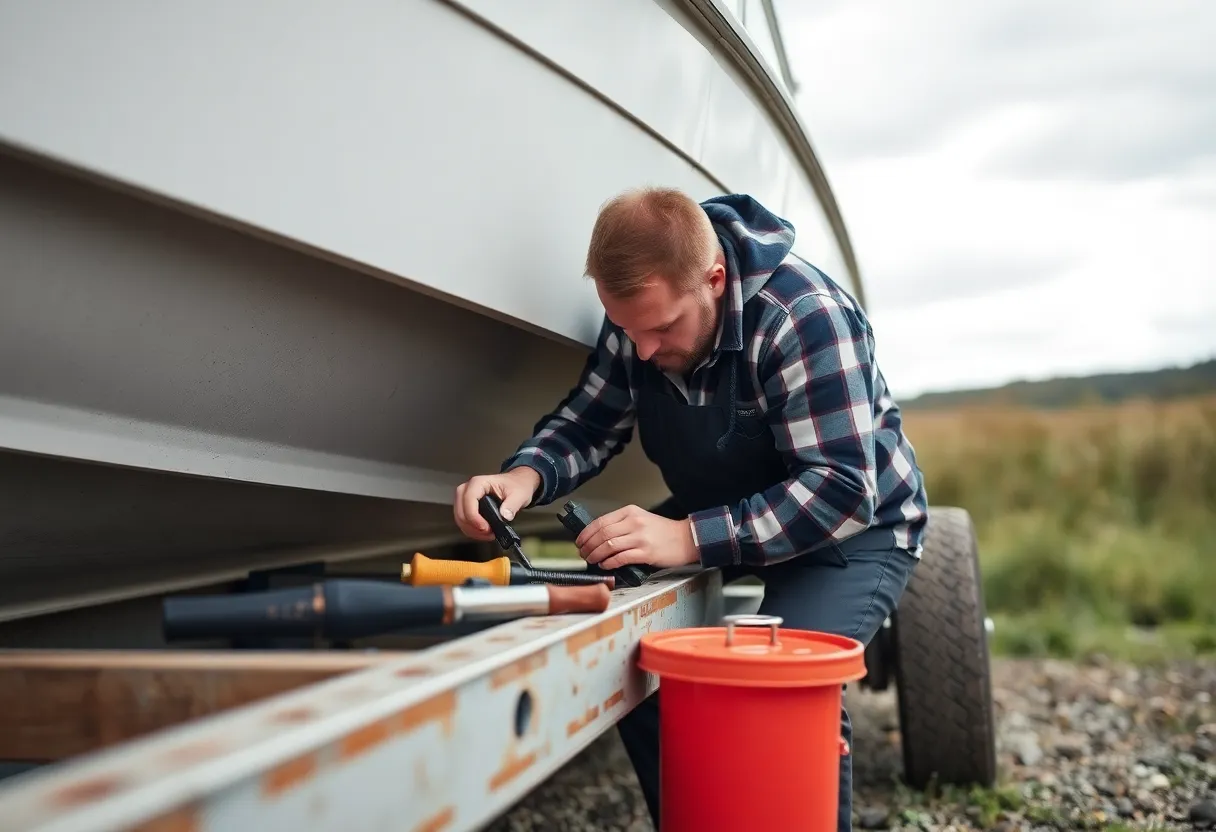 A person repairing a boat trailer with tools