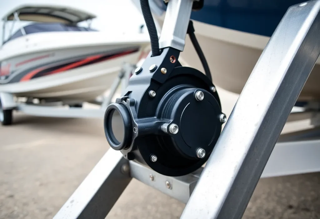 Detailed view of a trailer brake system with boat and vehicle