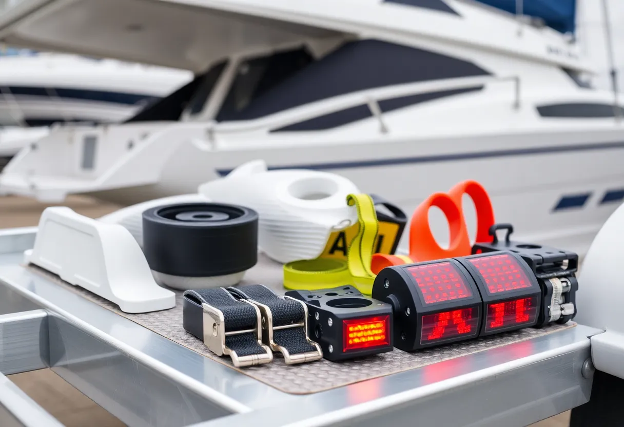 Various catamaran trailer accessories displayed on a trailer.