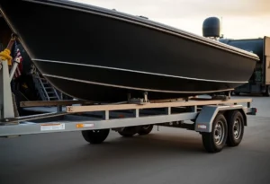 Military boat trailer with a boat loaded and secured