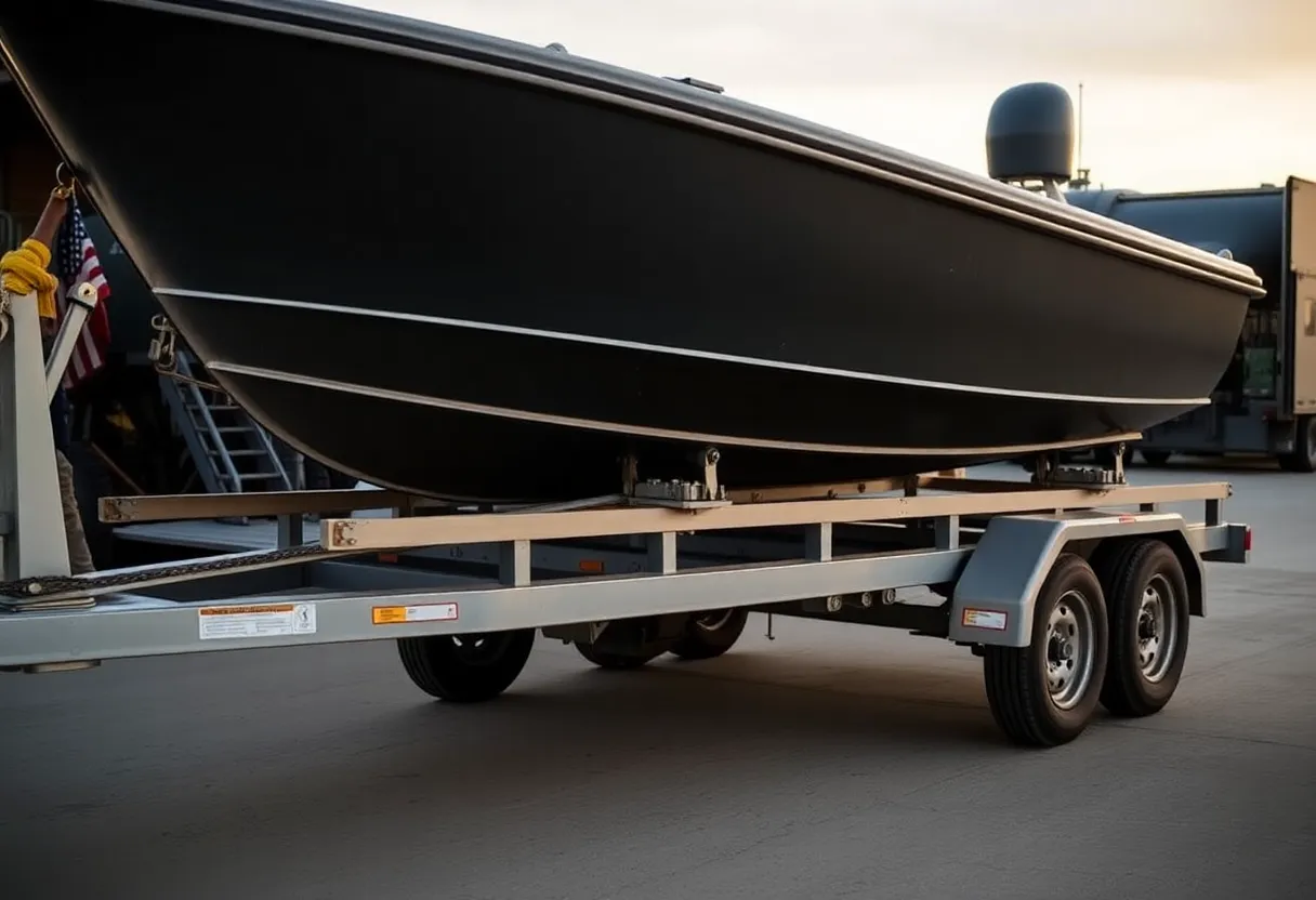 Military boat trailer with a boat loaded and secured