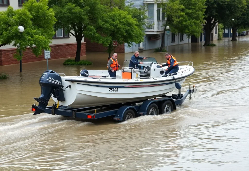 A search and rescue boat trailer in a flooded urban environment